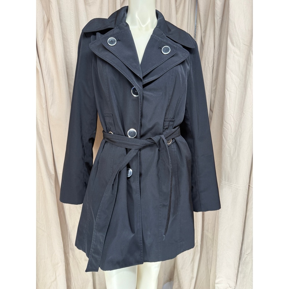 London Fog Navy Hooded Belted Trench Coat Jacket Medium Contemporary Navy Blue